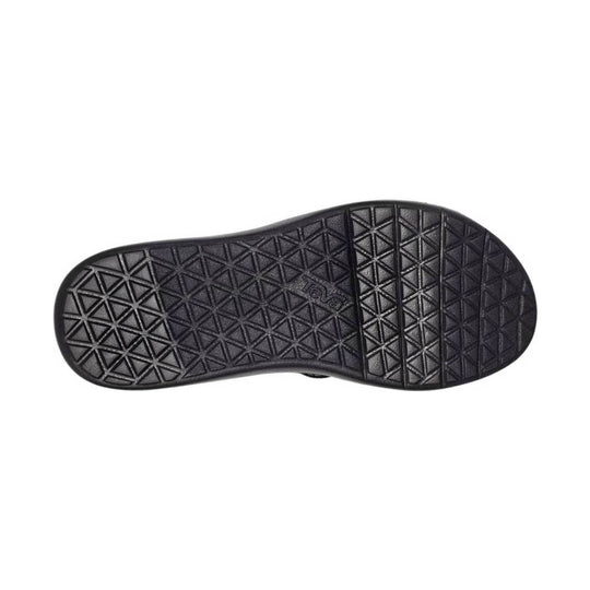 Black sandal outsole with a triangular tread pattern and embossed logo