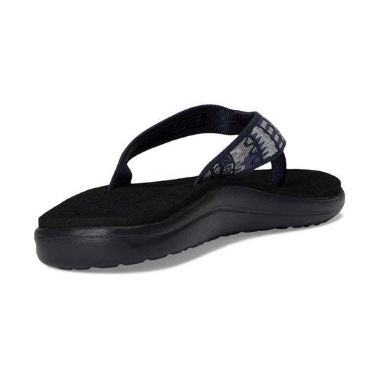 Black thong flip-flop sandal with patterned navy strap and thick molded sole