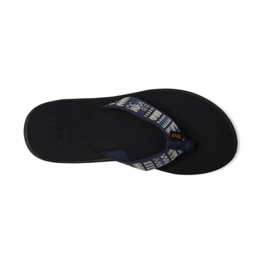 Black flip flop with navy patterned Y-strap and toe post, shown from above