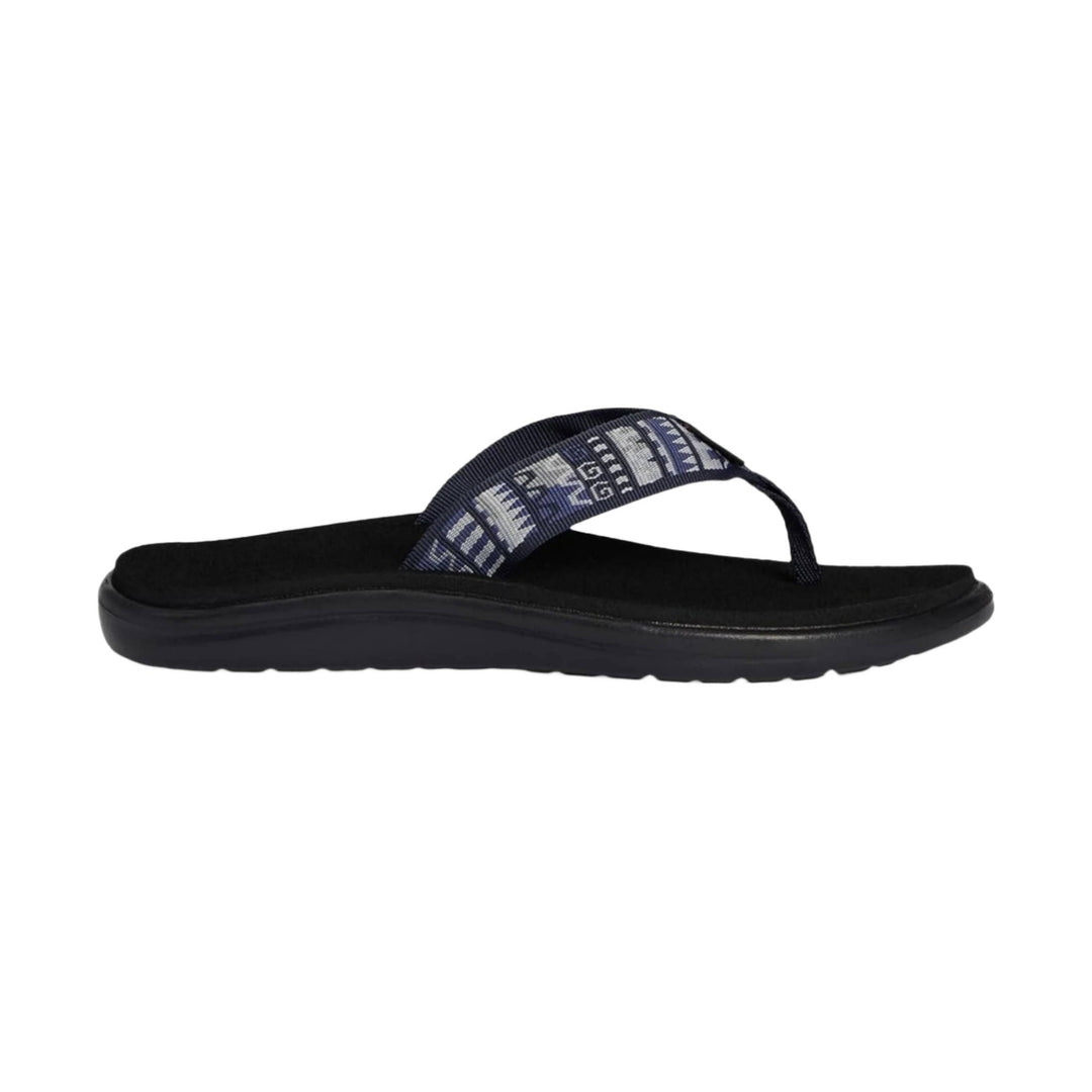 Black thong flip-flop sandal with a patterned navy strap and thick cushioned sole