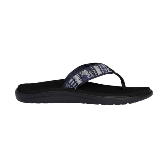 Black thong flip-flop sandal with a patterned navy strap and thick cushioned sole