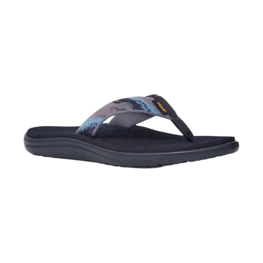 Dark navy thong sandal with patterned strap, cushioned footbed, and thick platform sole