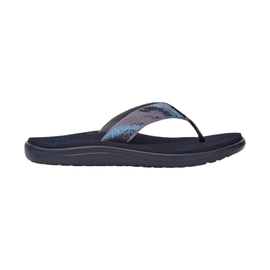 Black flip flop with a patterned thong strap and thick cushioned sole, shown in side view