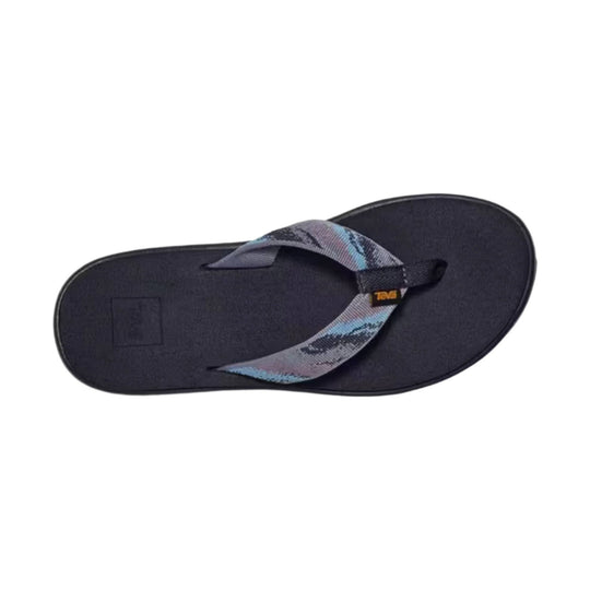 Black thong flip flop with patterned gray straps and a small Teva tag