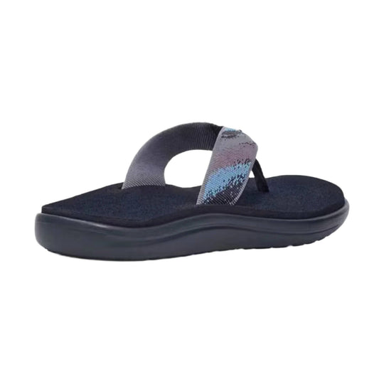 Dark thong sandal with wide printed straps and a thick black platform sole