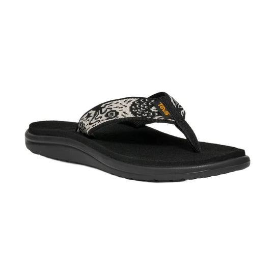 Black thong sandal with patterned strap and wedge sole