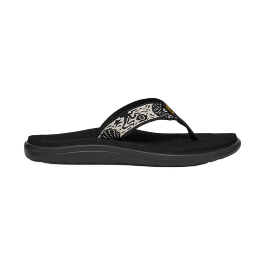 Black thong sandal with a patterned fabric strap and thick sole
