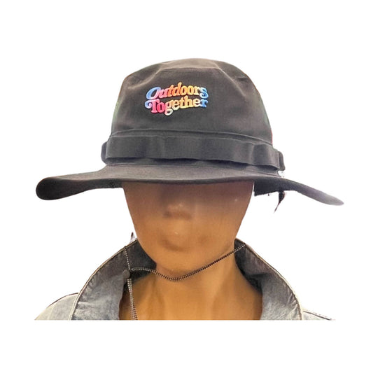 Black wide-brim sun hat with multicolor embroidered "Outdoors Together" text