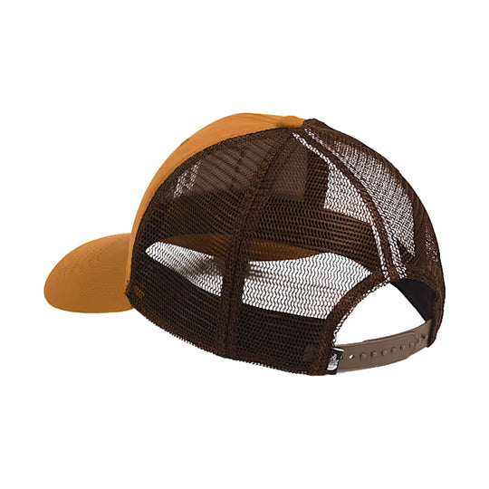 Brown mesh trucker hat with a tan front panel and adjustable snapback closure