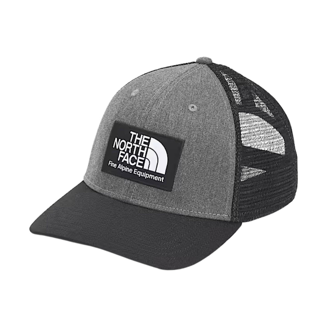 Grey and black trucker hat with a front logo patch and mesh back