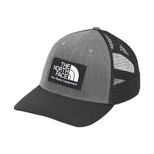 Grey and black trucker hat with a front logo patch and mesh back