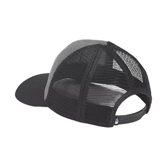 Black and gray mesh trucker hat shown from the back with an adjustable snapback strap.