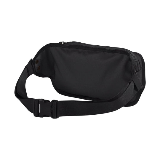 Black zippered waist pack with adjustable webbing strap
