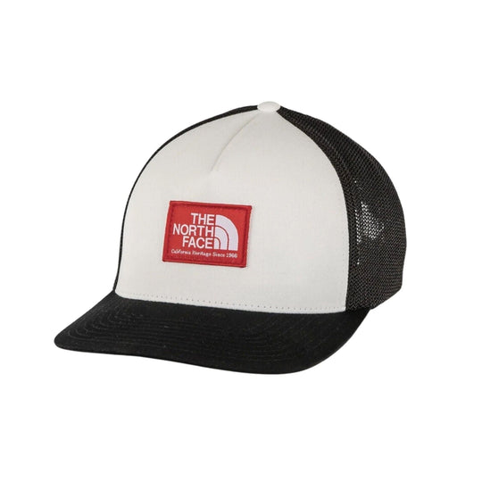 Black-and-white trucker hat with a red front patch and black mesh back