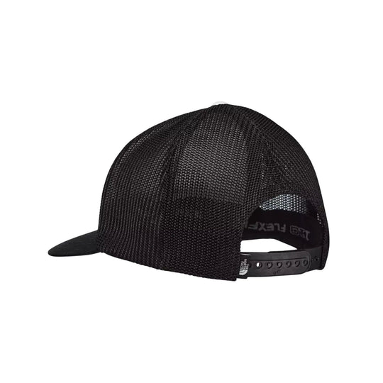 Black mesh trucker cap shown from the back with a curved brim and adjustable snapback closure