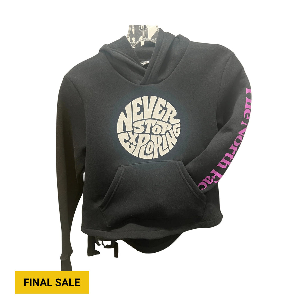 Black pullover hoodie with front pouch pocket and circular Never Stop Exploring graphic