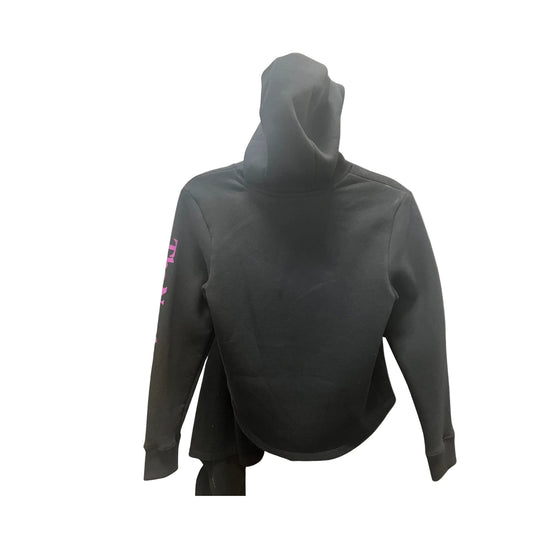 Black pullover hoodie with a hood and long sleeves, shown front view