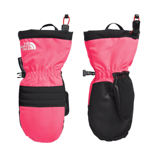 Pink and black winter mitts with adjustable wrist straps and THE NORTH FACE logo