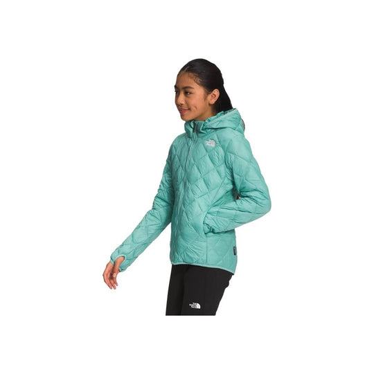 Mint green quilted hooded zip jacket shown in side profile