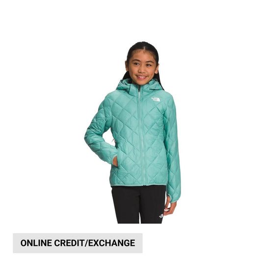 Turquoise quilted hooded kids' jacket with front zipper and hand pockets