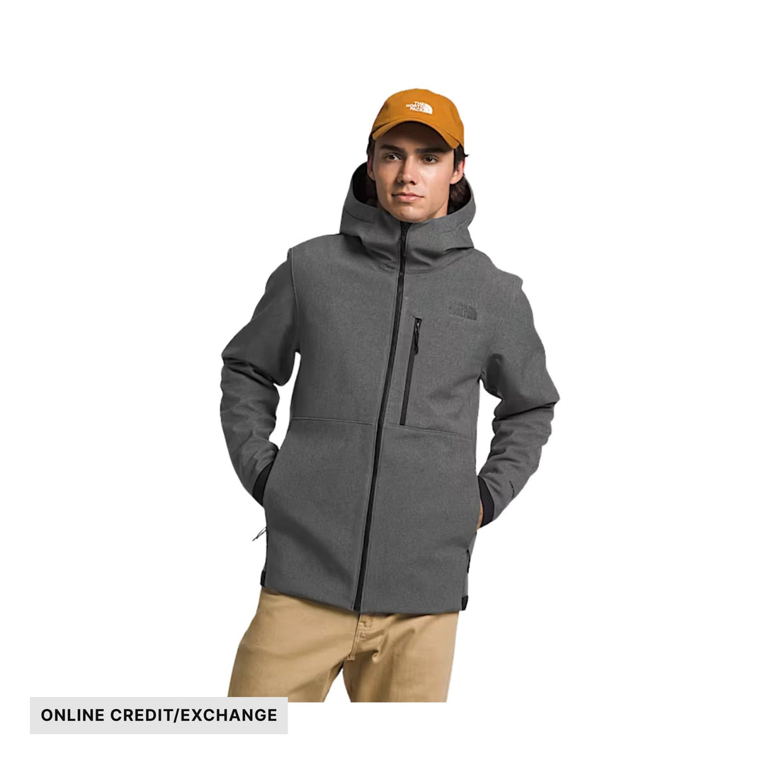 Gray hooded zip-up jacket with chest and sleeve pockets, shown on a model; ONLINE CREDIT/EXCHANGE text