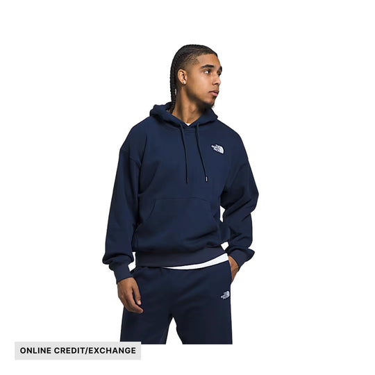 Navy hoodie with a front kangaroo pocket and matching sweatpants, shown on a model, with an “ONLINE CREDIT/EXCHANGE” label