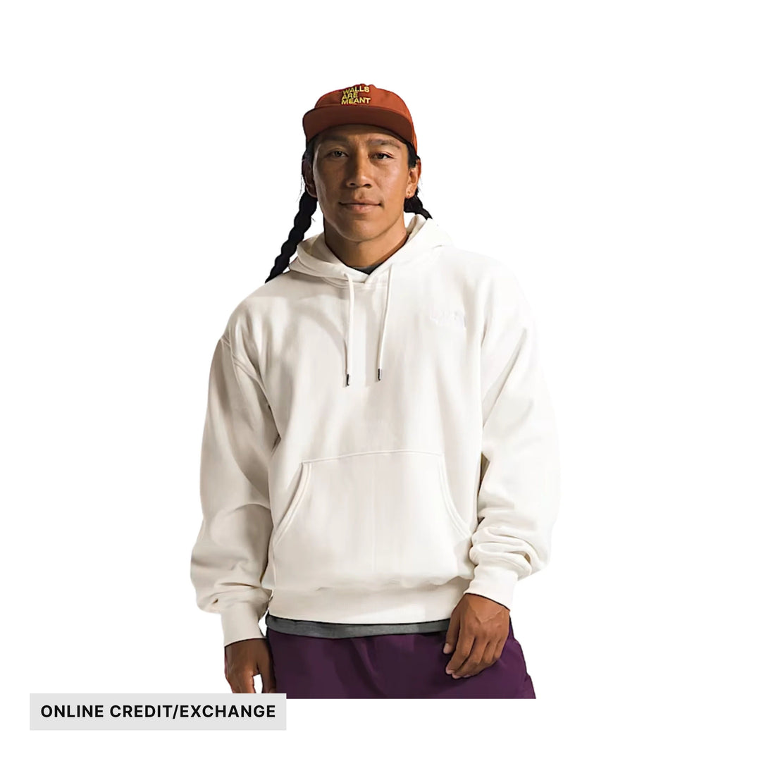 White pullover hoodie with a front kangaroo pocket and drawstrings, shown with the text “ONLINE CREDIT/EXCHANGE”