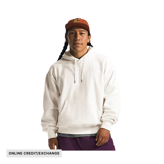White pullover hoodie with a front kangaroo pocket and drawstrings, shown with the text “ONLINE CREDIT/EXCHANGE”