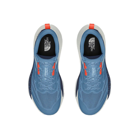 Blue trail running shoes with white midsoles, black insoles, and red heel tabs, shown from above.
