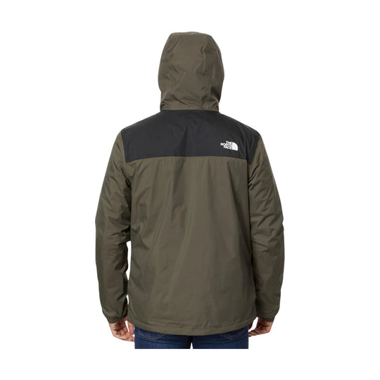 Olive hooded jacket with a black shoulder yoke and logo on the upper back