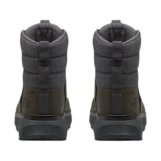 Pair of dark gray winter boots shown from the back, with padded collars, pull tabs, and black rubber soles