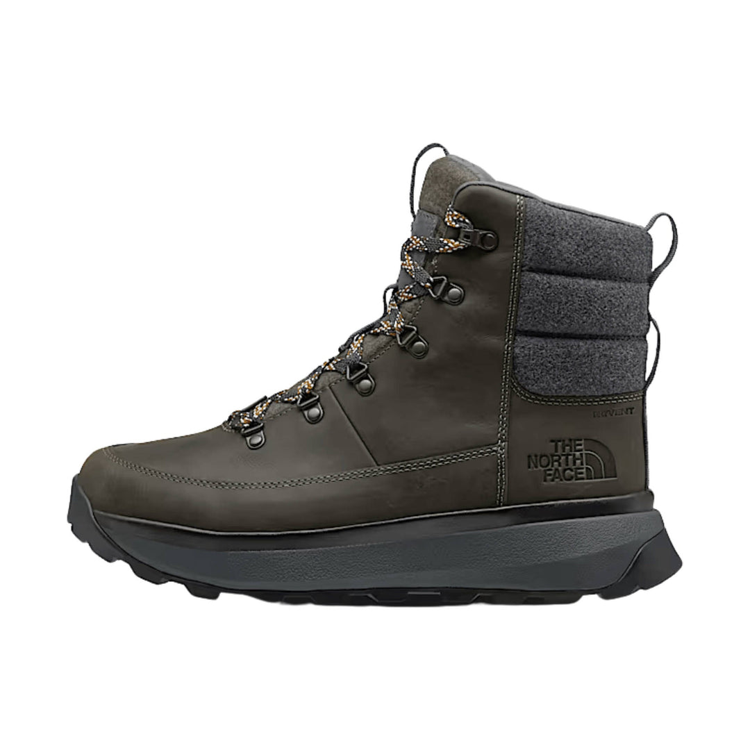 Dark gray and brown winter boot with lace-up front, thick sole, and The North Face logo