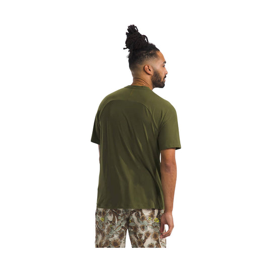 Olive short-sleeve crewneck T-shirt shown on a model from the back