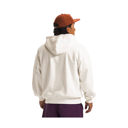 White pullover hoodie with a drawstring hood, shown from the back