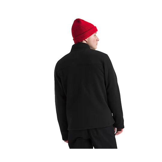 Black zip-up jacket shown from the back, worn with a red knit beanie