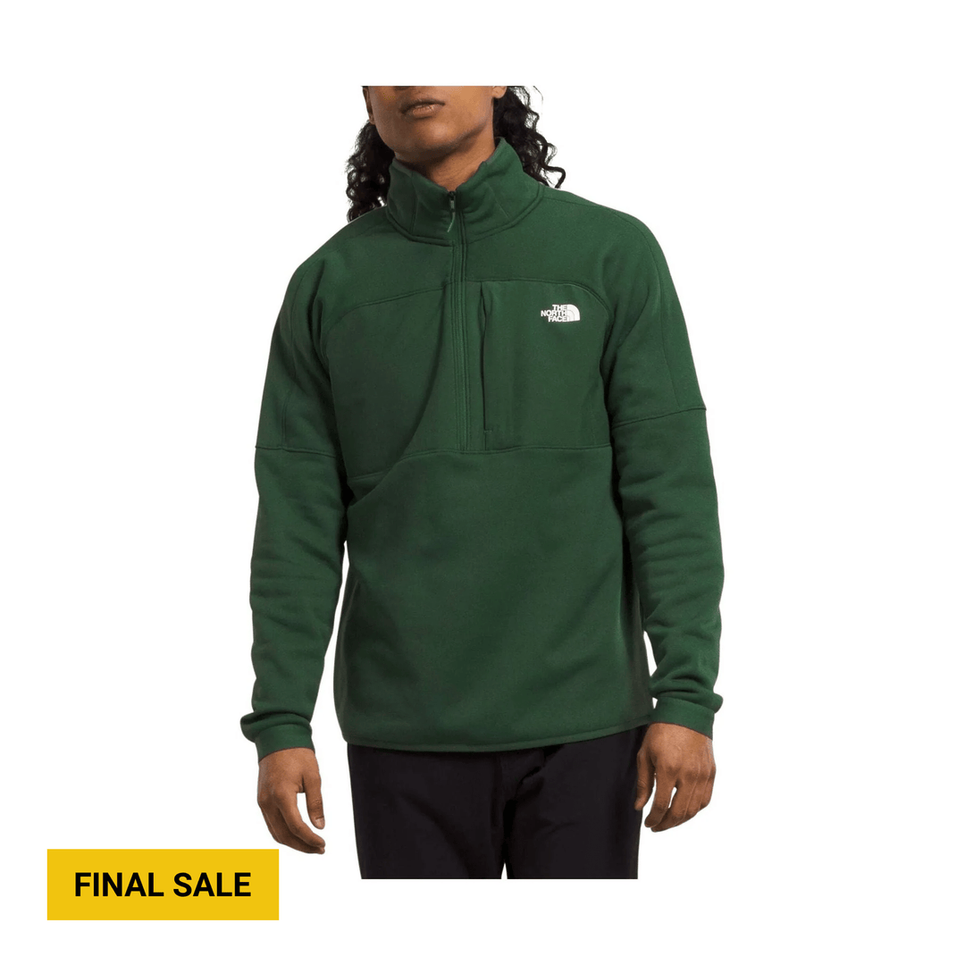 Dark green half-zip fleece pullover with chest logo and zip chest pocket