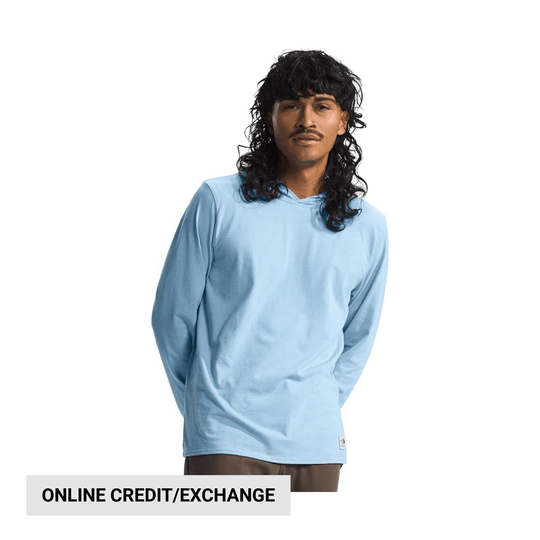 Light blue long-sleeve hoodie shown front view on a model