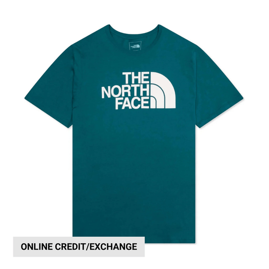 Teal short-sleeve T-shirt with large white logo on the chest