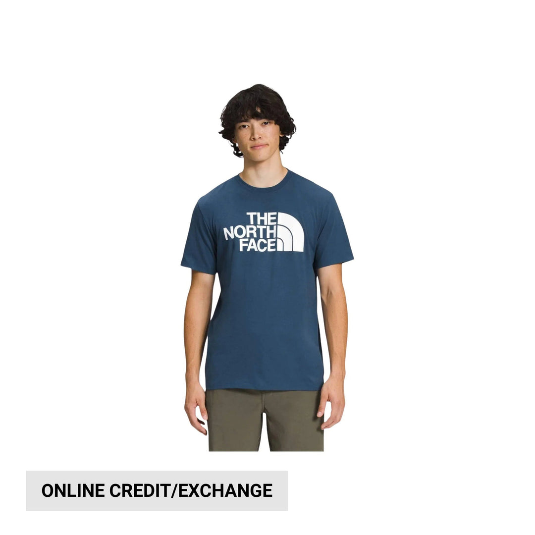 Blue short-sleeve T-shirt with a large white front logo