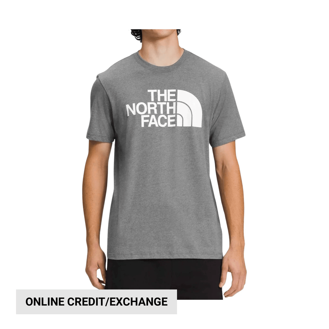 Gray crewneck T-shirt with large white The North Face logo on the chest