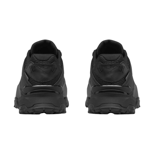 Pair of black low-top trail shoes shown from the back
