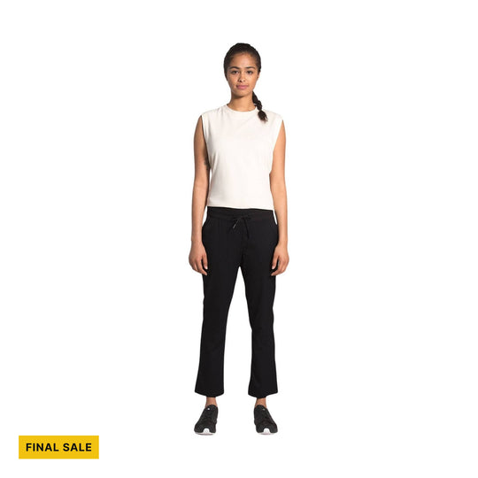 Black cropped pull-on pants with a drawstring waist