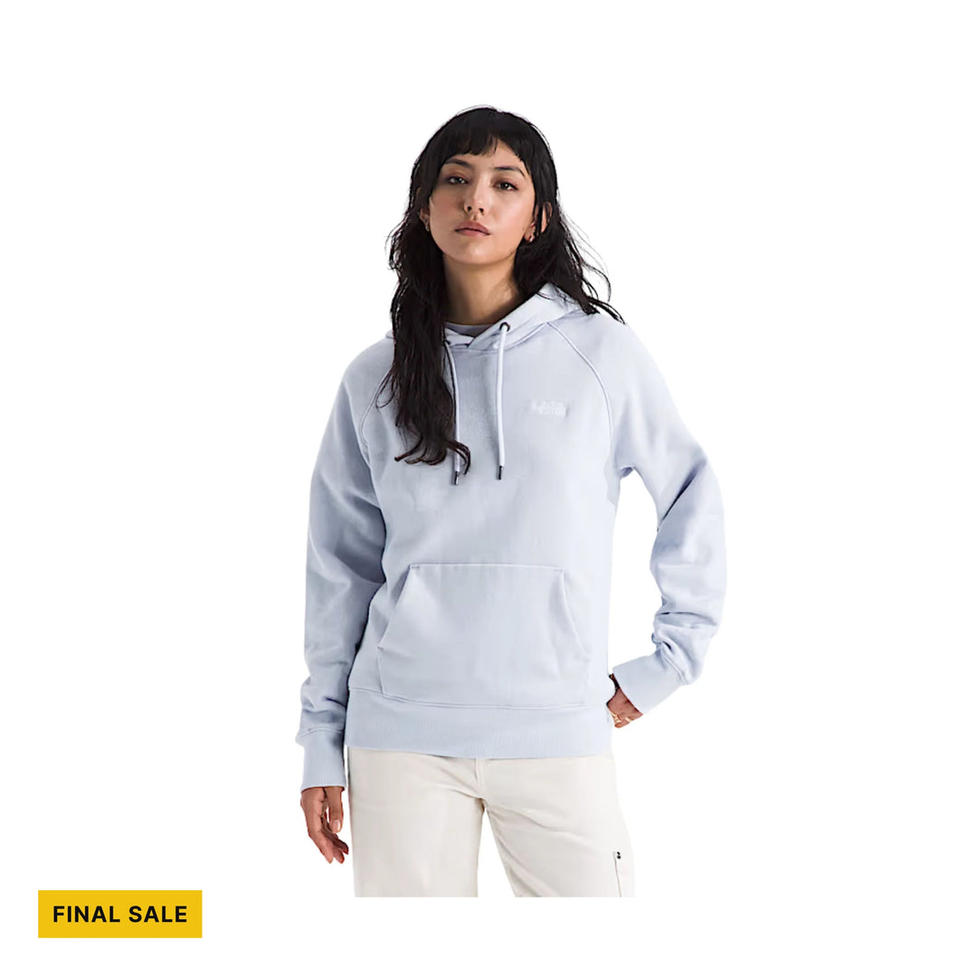 Light blue pullover hoodie with a front kangaroo pocket and drawstring hood; final sale label