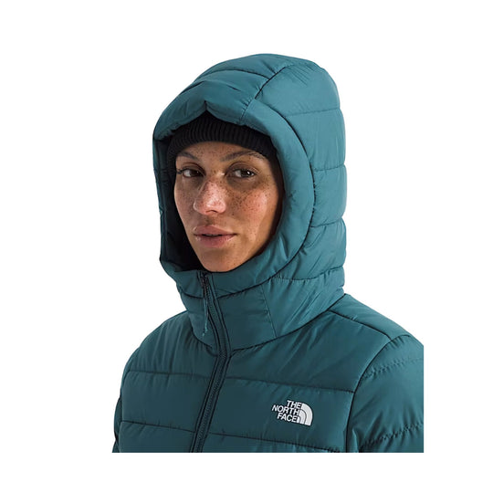 Teal hooded puffer jacket with front zipper and logo on chest