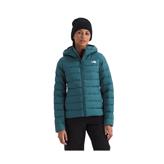 Teal hooded puffer jacket with front zipper and small chest logo