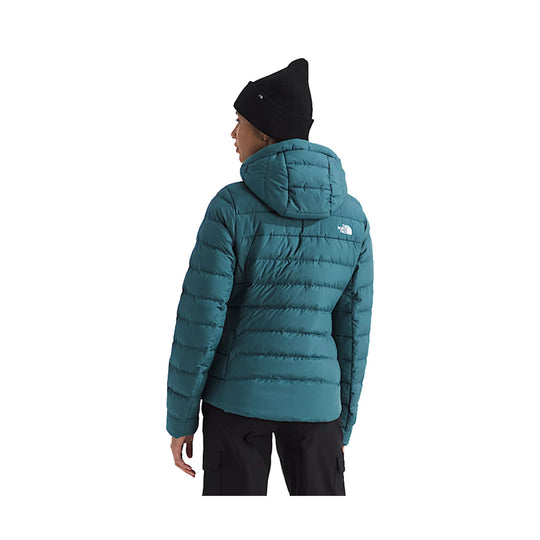 Teal hooded puffer jacket shown from the back with a small white logo on the upper back