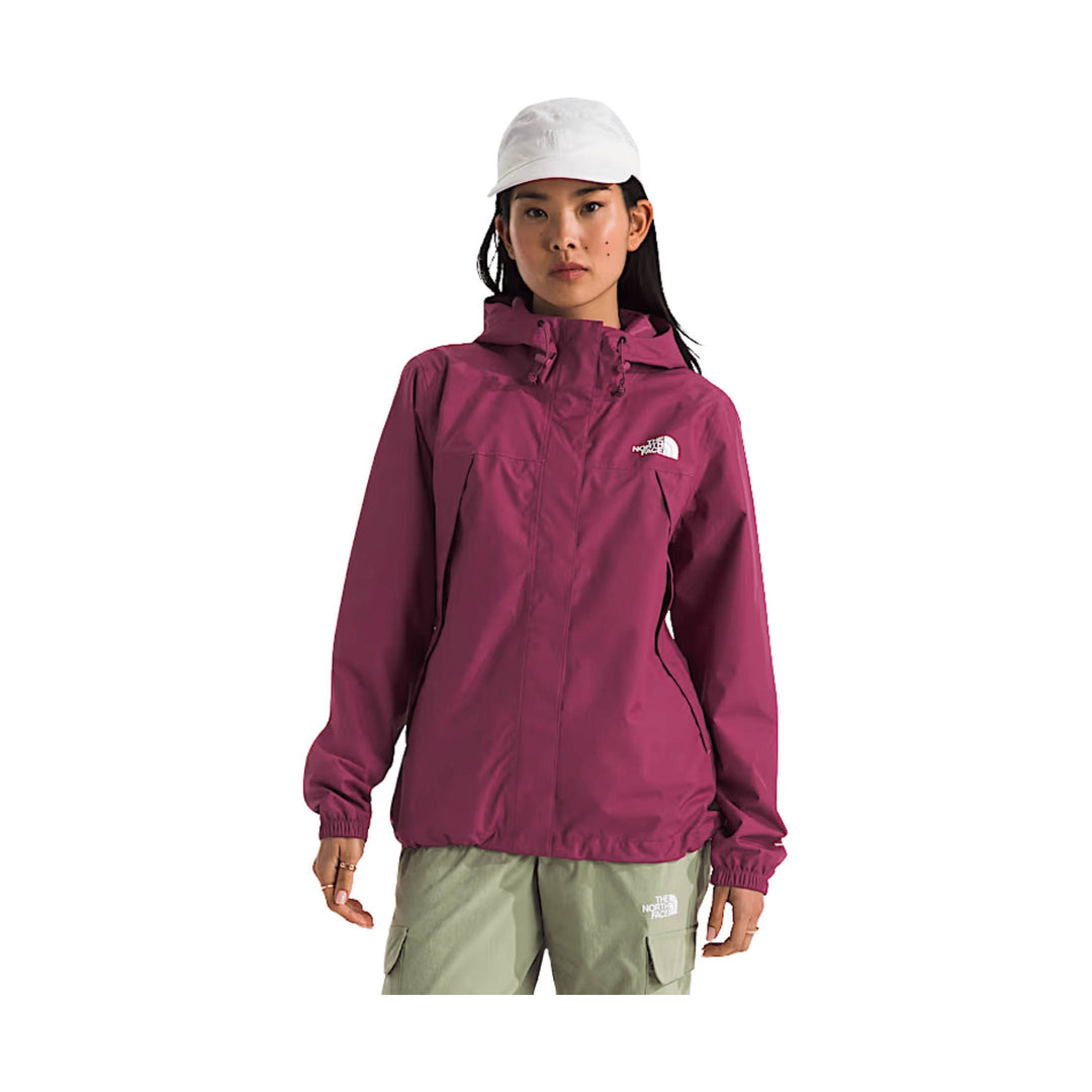 Magenta hooded rain jacket with chest logo and elastic cuffs