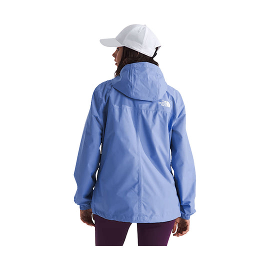 Light blue hooded rain jacket shown from the back with a white logo on the upper back.