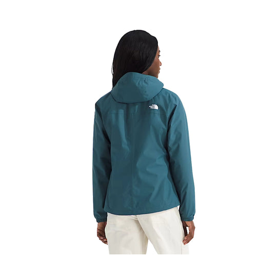 Teal hooded rain jacket shown from the back, with a small chest logo and elastic cuffs