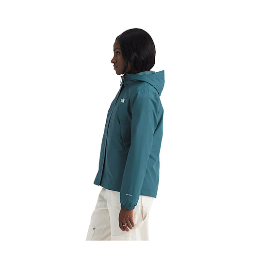 Teal hooded jacket shown in side view with a front zipper and white pants